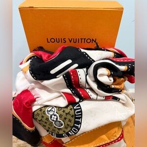 LOUIS VUITTON 
Silk Wool Monogram Airline Patches Shawl White